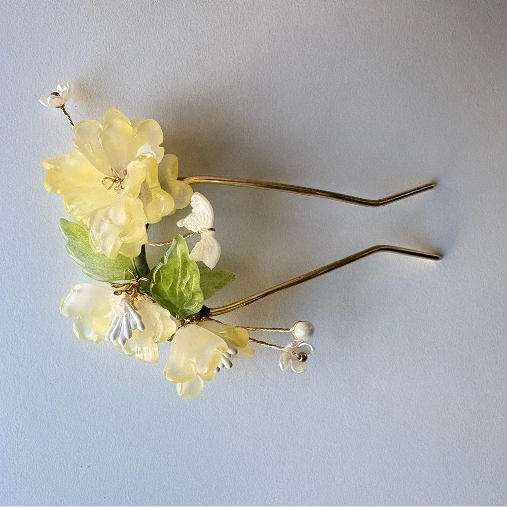Elegant Glass Floral Bridal Hair‎ Fork – Yellow Blossom U-Shaped Kanzashi new